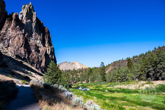 Scenic view of a mountainous landscape with rocky cliffs and greenery under a clear blue sky.